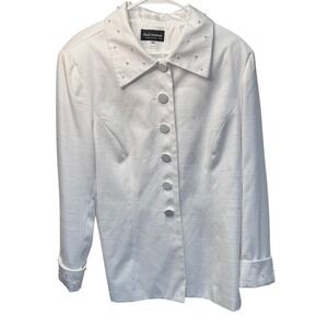 Chad Stevens Ltd White Pearl Embellished Button Front Blazer Jacket Womens 18
